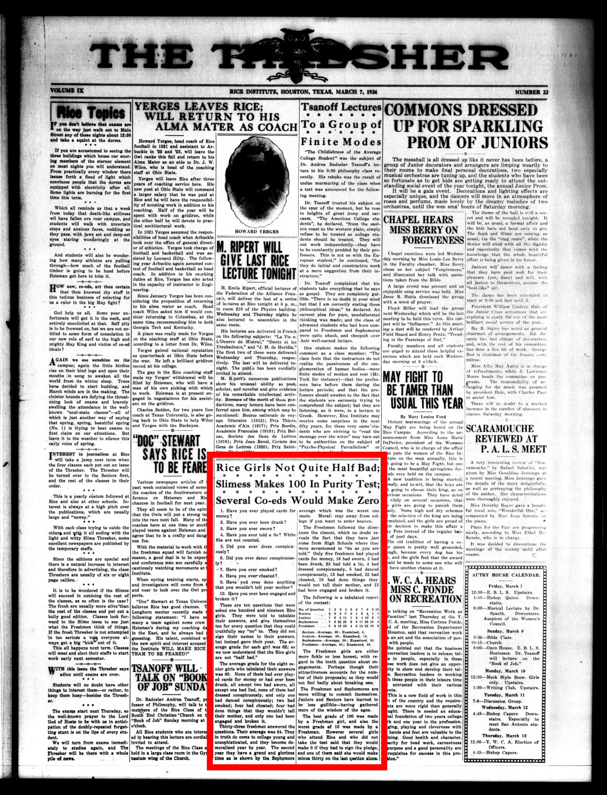 The Original 10-question Rice Purity Test in the Rice Thresher newspaper in 1924.