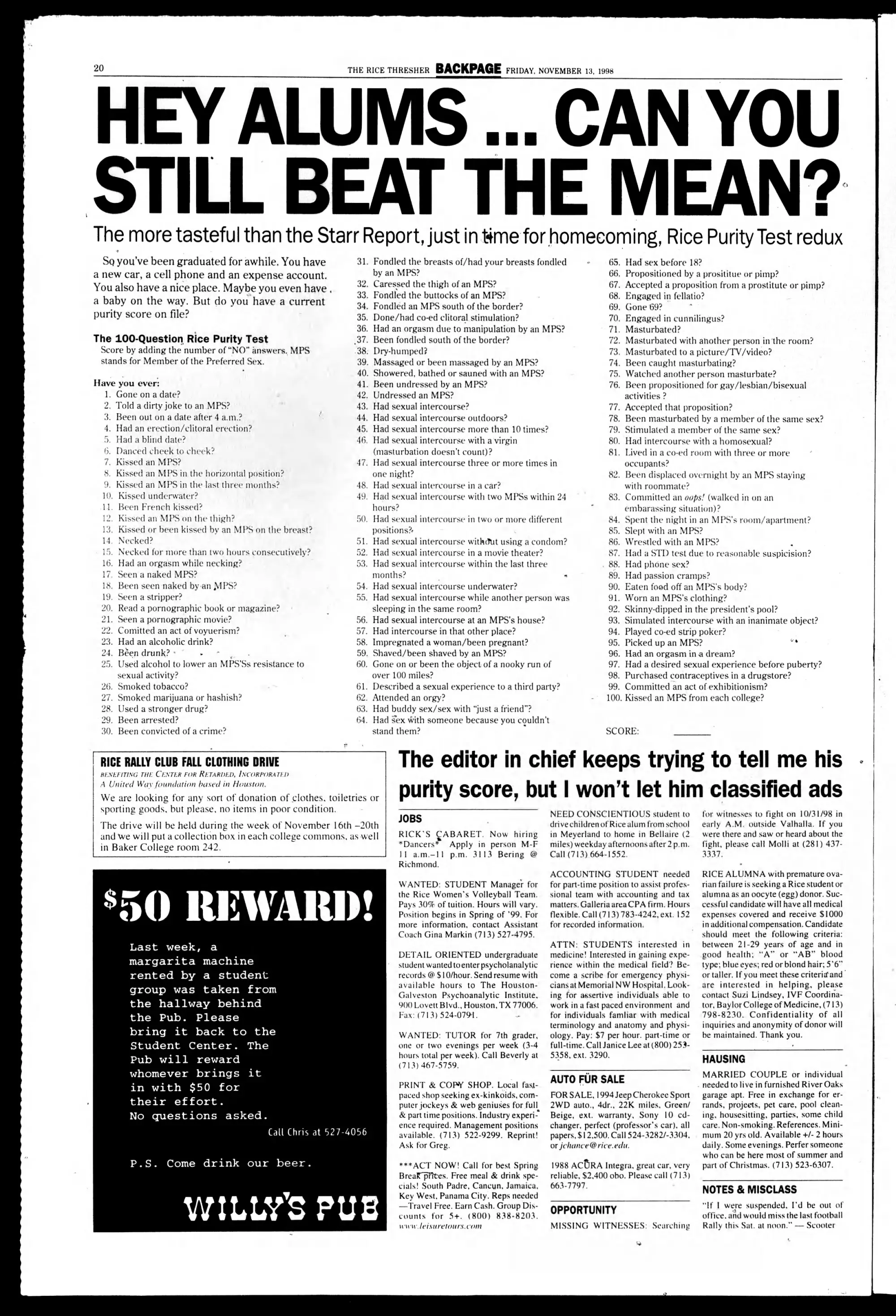 The 100-question Rice Purity Test in the Rice Thresher newspaper in 1998.